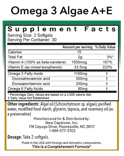 Omega-3 Algae A+E - Vegane Omega-3-Fettsäuren aus Algen mit Vitamin A+E